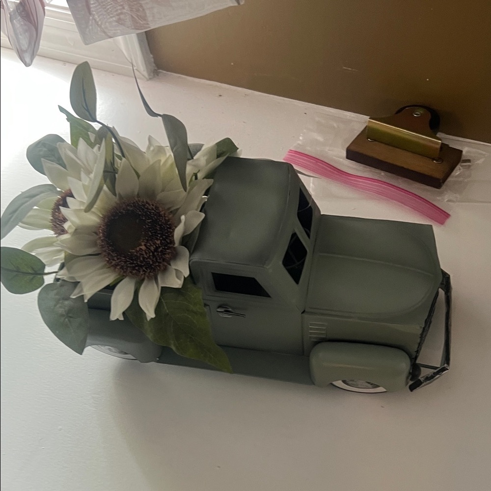 (2) Green and white Vintage Truck Planter with White Sunflower Accent